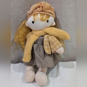 Waldorf Doll Handmade 10" Plush Cotton Girly Stitched yellow hair brown dress